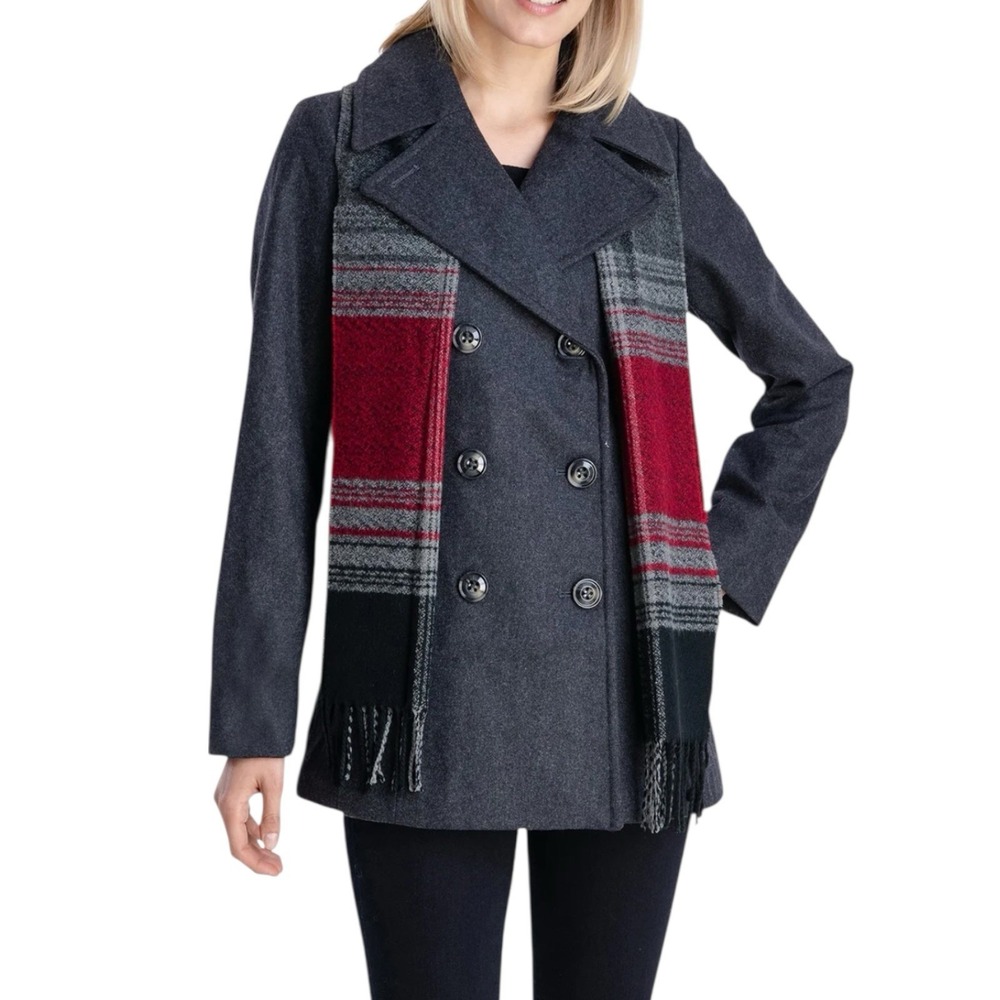 London Fog - Double‎ Breasted Peacoat with Scarf (1X) - Charcoal Wool Blend